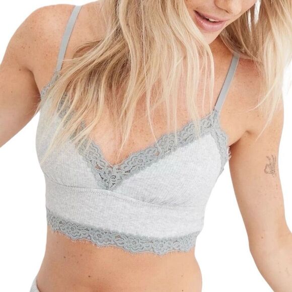 aerie Other - Aerie Heather Gray Eyelash Lase Trim Ribbed Longline Bralette